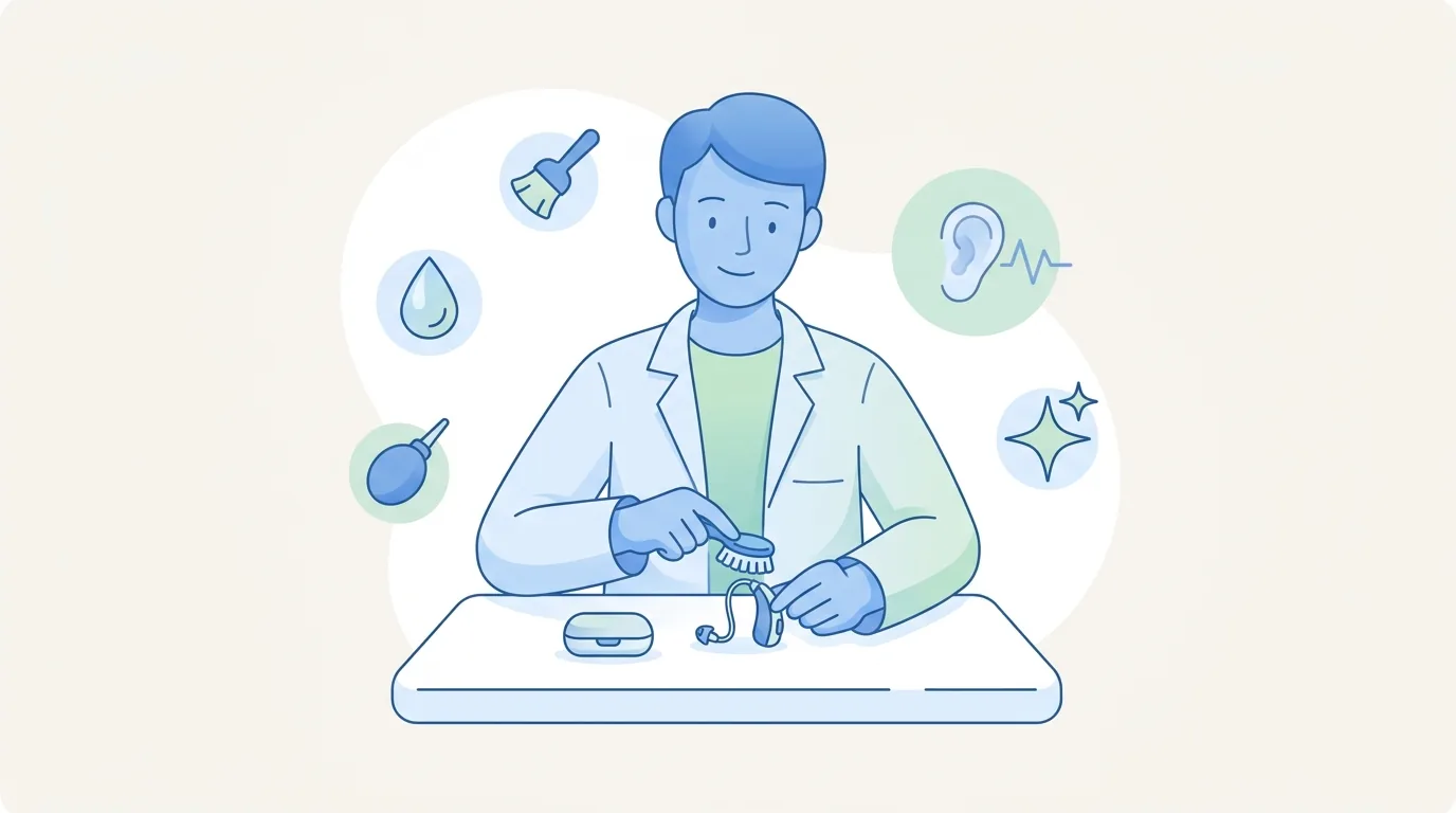 Illustration vectorielle médicale : Nettoyer ses appareils auditifs : les bons gestes | Boidin Audition